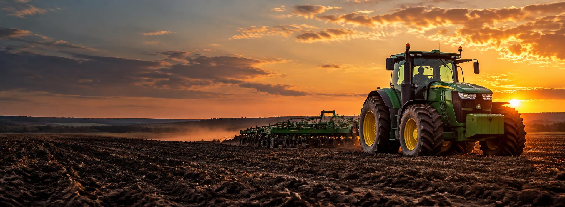 Tractor lucrând câmpul la apus